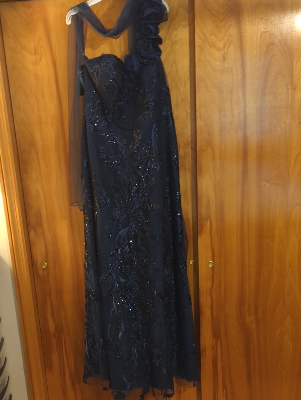 Strapless Navy Beaded Evening Gown with Floral Detail
